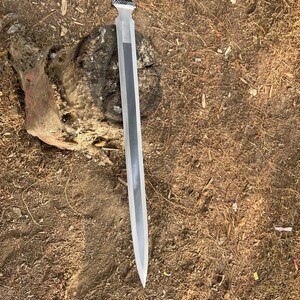 May include: A long, silver sword with a decorative handle. The blade has a central dark stripe and tapers to a sharp point. The sword is lying on a bed of brown leaves and dirt.