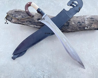 Hand Forged Greek Kopis Machete: 18" Blade with leather sheath/Leaf spring of truck/Rosewood Handle/Sharpen/Tempered/Ready to use/knives