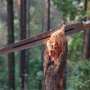 May include: A silver knife with a brown leather handle is stuck into a broken tree branch in a forest setting.