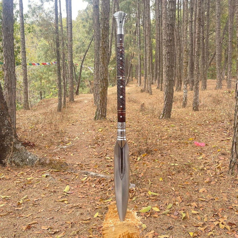 May include: A silver and brown spear with a wooden handle and a sharp point. The spear is standing upright in a forest setting.