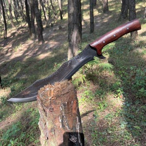 May include: A black and silver curved knife with a wooden handle. The knife is resting on a tree stump in a forest setting.