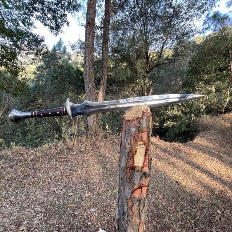 Puede incluir: Una espada plateada con un mango marr&oacute;n oscuro descansa sobre un toc&oacute;n de &aacute;rbol. La hoja es larga y puntiaguda, reflejando la luz del sol. El mango tiene un agarre texturizado. El fondo presenta &aacute;rboles y follaje.
