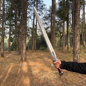 May include: A long, silver sword with a pointed tip and a detailed handle. The handle is dark red and silver, with a decorative design. The sword is held in front of a forest background.
