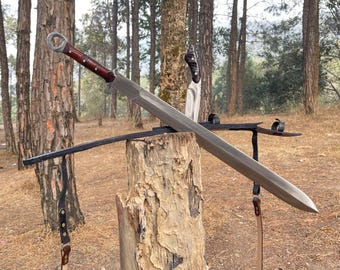 Hand Forged Viking Sword with Seax Knife / 21-inch Blade Length /Leaf spring of truck/wood Handle/Sharpen/Tempered/Ready to use/knife/knives