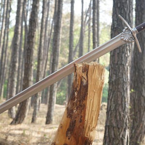 Puede incluir: Una espada plateada con mango negro y pomo decorativo apoyada en un tronco de árbol en un entorno de bosque.
