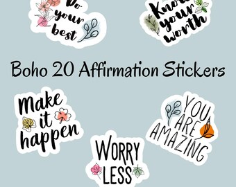 Boho Affirmation Stickers, 20 Uplifting Quotes, Digital Download, Instant PNG Bundle