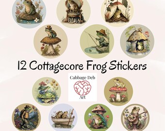 12 CottageCore Frog Stickers/Instant Digital Download/Twelve Round ForestCore Frog Watercolor Stickers