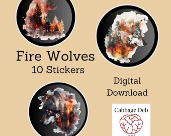 Fire Wolf Stickers, Digital Download Instant PDF, Beautiful Wolf Graphics, High Quality PNGs