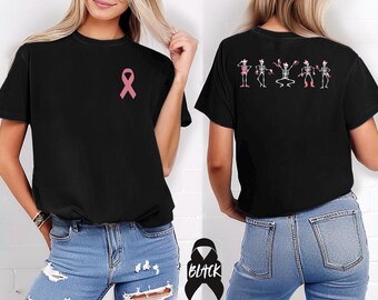 Camiseta de esqueleto com laço rosa, camiseta de conscientização sobre o câncer de mama, camiseta de esqueletos dançando, camiseta de Halloween sobre câncer de mama, presente de Halloween