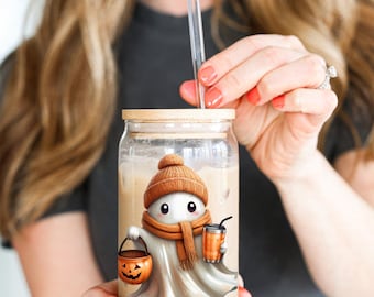 Cute Fall Ghost Coffee 16oz Glass Tumbler, Ghost Coffee Mug, Halloween Tumbler, Adorable Fall Ghost 16oz Glass Can Tumbler, Halloween Gift