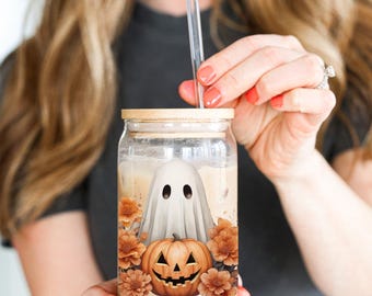 Cute Halloween Ghost & Pumpkin Floral 16oz Glass Tumbler, Ghost Floral Coffee Mug, Halloween Tumbler, Halloween Gift, Fall Mug