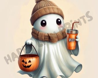 May include: A white ghost wearing a brown knit hat and scarf, holding a pumpkin-shaped trick-or-treat bucket and a cup with a straw that says "BOO".