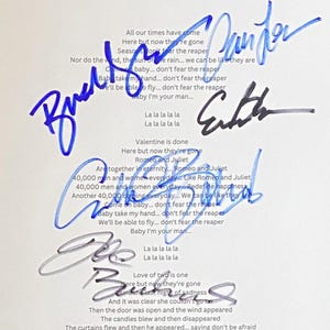 Blue Oyster Cult Autograph On A4 Sheet With COA