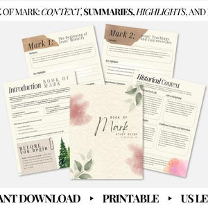 以下が含まれることがあります： 水彩画の背景を持つマルコの福音書の印刷可能な学習ガイド。このガイドには、各章、歴史的背景、重要なハイライトのセクションが含まれています。