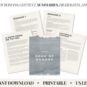 May include: A set of printable study guides for the Book of Romans, featuring summaries, highlights, and context. The central guide is a grey booklet titled "Book of Romans." Several pages with text, including "Romans 1" and "Romans 2" surround it.