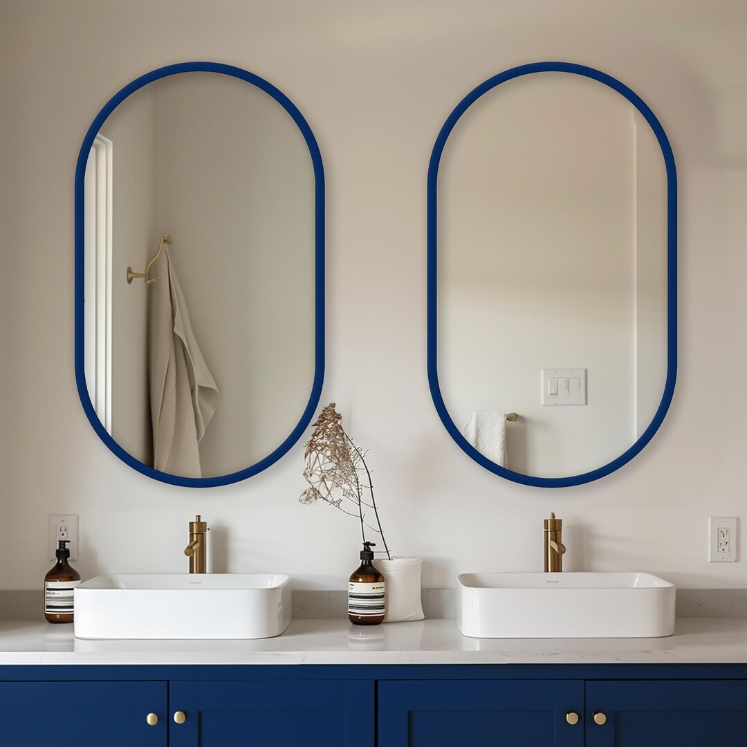 Oval Wall Mirror RAL5003 Blue Frame, Modern Bathroom Mirror, Minimalist ...