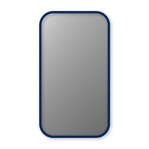 Puede incluir: Un espejo rectangular con esquinas redondeadas. El espejo tiene una superficie reflectante gris y está enmarcado por un borde azul oscuro. El diseño es simple y moderno, adecuado para varios estilos de interior.