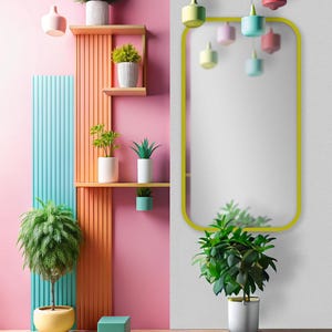 Op de afbeelding: Een kleurrijk interieur met een roze en witte muur, een geel omrande spiegel en hanglampen. Decoratieve planken tonen potplanten. Een grote plant in een gele pot en een kleine groene kubus verfraaien het decor. De vloer is van hout.