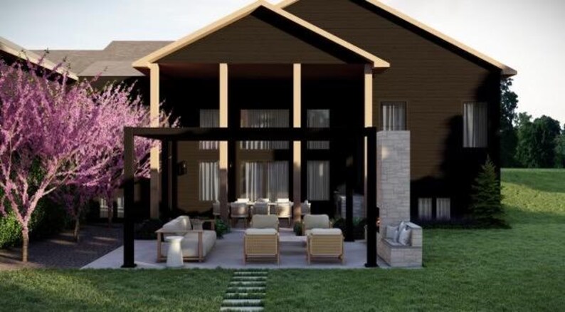 K&ouml;nnte beinhalten: Au&szlig;enansicht eines modernen Hauses mit dunkelbrauner Fassade und hellbraunem Dach. Der Hinterhof verf&uuml;gt &uuml;ber eine Terrasse mit Gartenm&ouml;beln, eine Pergola und einen Steinkamin. Links befindet sich ein Baum mit rosa Bl&uuml;ten und im Vordergrund ein gr&uuml;ner Rasen.