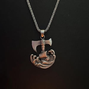 Viking Axe Pendant Necklace, Norse Ship and Axe Necklace, Scandinavian Mythology Jewelry, Men’s Viking Gift, Nordic Warrior Necklace.