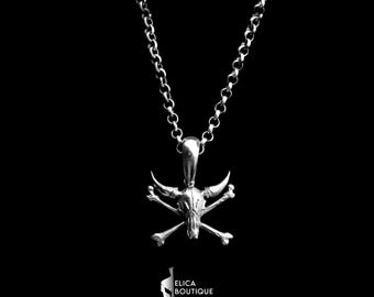 Bull Skull Crossbones Pendant - Sterling Silver Gothic Necklace - Unique Western Jewelry Gift for Him or Her - Edgy Cowboy Style.