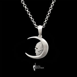Silver Crescent Moon Skull Pendant Necklace, Sterling Silver Gothic Jewelry, Handmade Skull and Moon Amulet, Unique Gift for Him or Her.