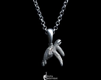 Handmade Sea Turtle Necklace, Big Turtle Men Pendant, Sterling Silver Animal Lover Jewelry, Ocean Turtle Gift Charm Pendant For Mom