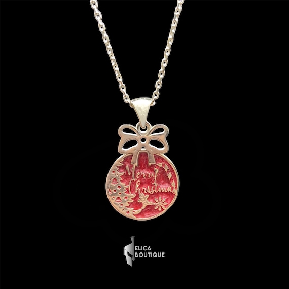 Sterling Silver Merry Christmas Ornament Necklace Red Enamel