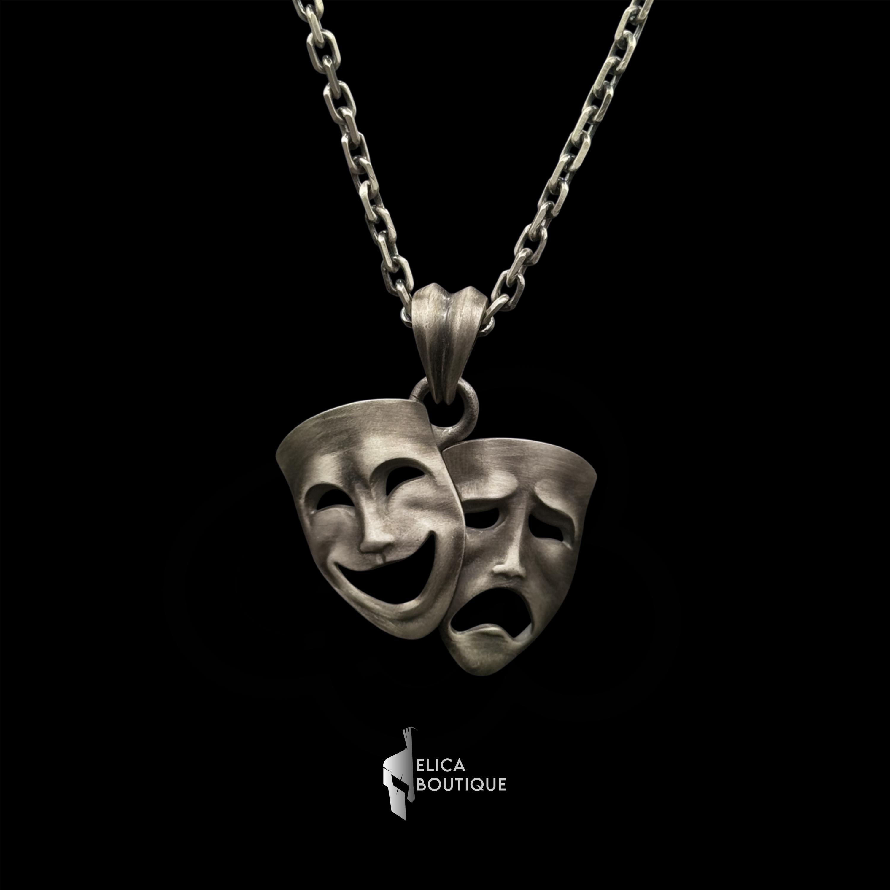 Comedy Mask Necklace, Sterling Silver Drama Mask Charm Pendant, Happy Face Mask Necklace, Gift for girlfriend, Theater Mask Pendant for Men