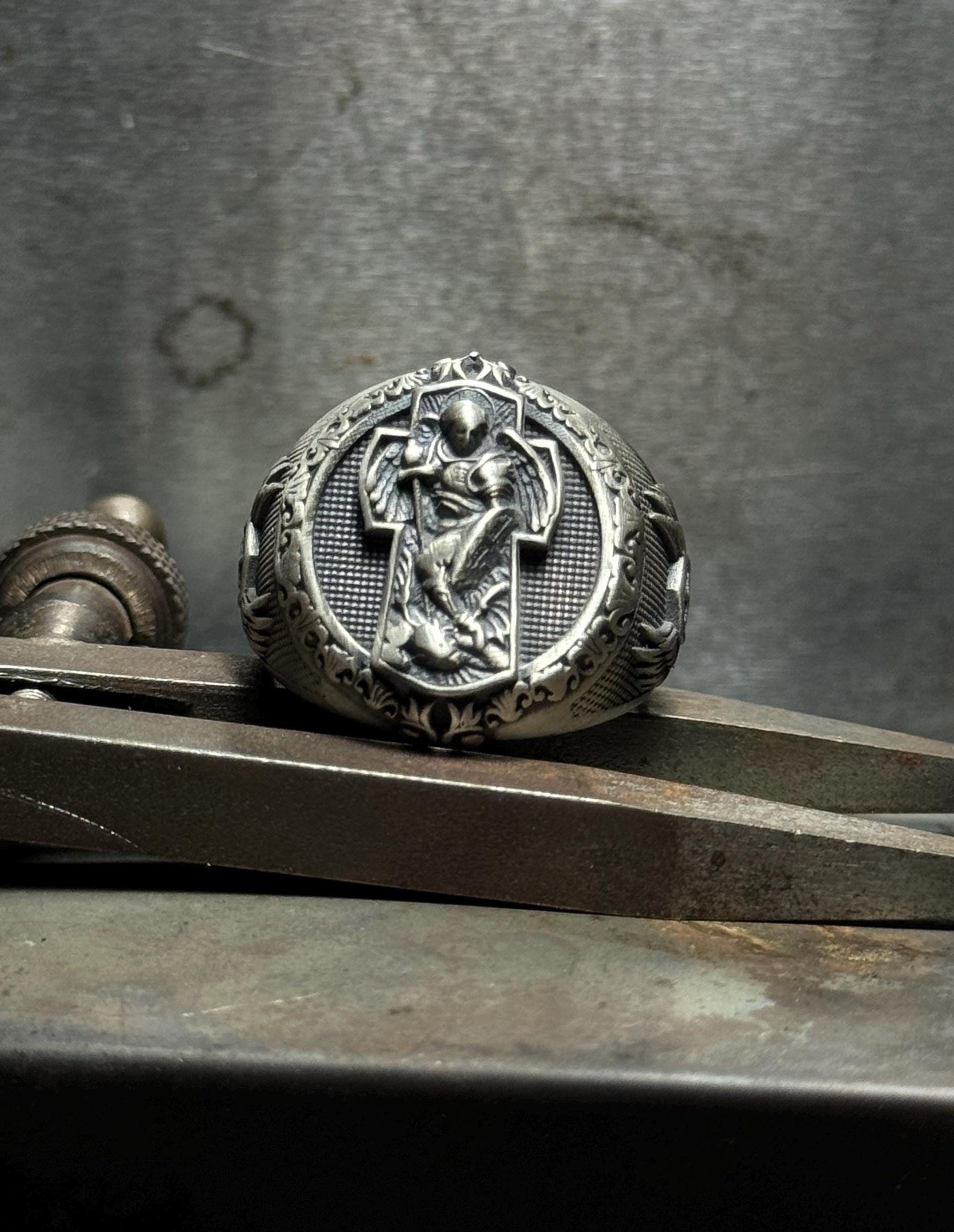 St. Michael Archangel Signet Ring - Sterling Silver Religious Jewelry for Men, Guardian of Church Gift