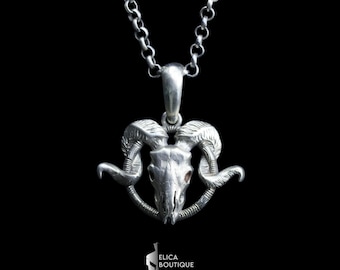Collar de calavera de carnero de plata, Baphomet, satánico, ocultista, Lucifer, satanismo, colgante de Satanás, joyería gótica.