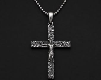 Solid Silver Crucifix Cross Necklace , Christian Religious Jewelry, Jesus On The Cross Pendant, Faith Statement Piece.