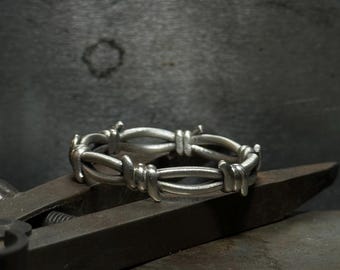 Bold Barbed Wire Band Ring - Modern Statement Jewelry, Chic Gift Idea for Her, Handmade Silver