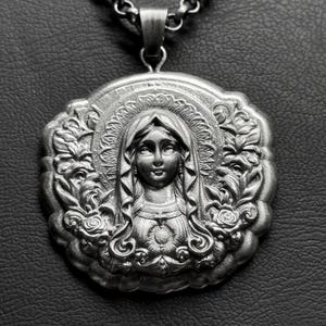 Handcrafted Virgin Mary Floral Pendant Necklace, Silver Religious Necklace For Women, Catholic Faith Jewelry, Spiritual Gift For Her