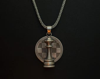 Sterling Silver Chess King Pendant Necklace | Checkerboard Jewelry