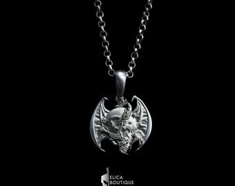 Winged Dragon Skull Silver Pendant, Oxidized Unisex Dragon Skull Necklace, Dragon Skull Silver Men Jewelry, Jewelry Gift For Him/Her.