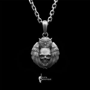 Owl 3D charming necklace for men or women, skull necklace,Animal silver handmade jewelry, Spirituality unique gift charm pendants