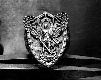 Archangel Michael Ring, Sterling Silver Saint Michael Ring, Religious Gift, Savior Gift, Gift for Dad, Christian Ring for Men.