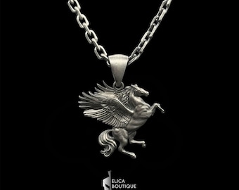 Pegasus Silver Necklace, Pegasus Pendant, Horse Head Necklace, Oxidized Men Necklace, Silver Chain Men Pendant, Silver Pegasus Charm, Gift