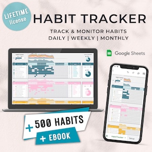 Może przedstawiać: Szablon śledzenia nawyków w Google Sheets z kolorowym wzorem. Szablon zawiera widok dzienny, tygodniowy i miesięczny. Obraz pokazuje również laptopa i smartfona wyświetlające szablon. Tekst na obrazie brzmi "Habit Tracker", "Track & Monitor Habits Daily | Weekly | Monthly", "Google Sheets", "+500 Habits", i "+ Ebook".