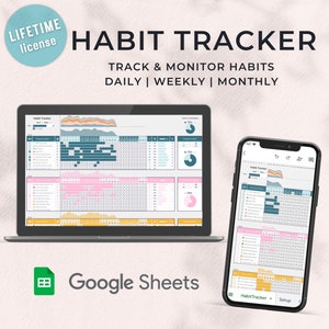 May include: A Google Sheets template for a habit tracker. The template is shown on a laptop and a mobile phone. The template has a colorful design with pink, yellow, and blue accents. The template allows you to track your habits daily, weekly, and monthly. The template includes a setup tab.