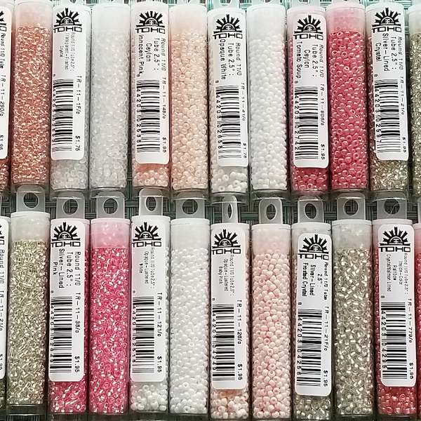 TOHO Seed Beads- 11/0 size, 2.5" Tube, Pink, White,Rose, Innocent Pink, Tomato Soup, Baby Pink, Frosted Crystal, Opaque White