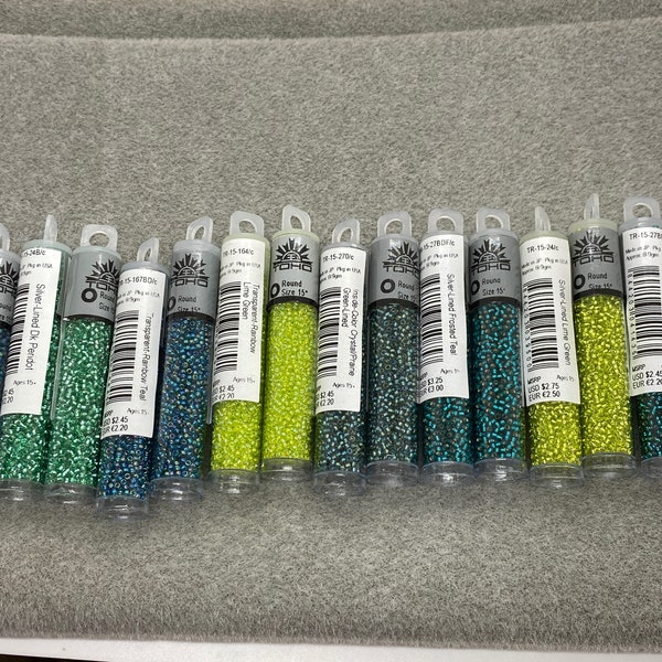 TOHO Size 15/0, Glass Seed Beads (9 grams),Dark Peridot,Lime Green,Frosted Teal,Lime,Rainbow Teal,Prairie Green, Jewelry Supplies
