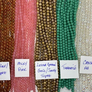 Czech Glass, 6mm Round Druk Beads, Pressed Glass Druks,Crystal AB,Milky Pink, Turquoise, Luster Rose Gold Topaz Jewelry Supplies