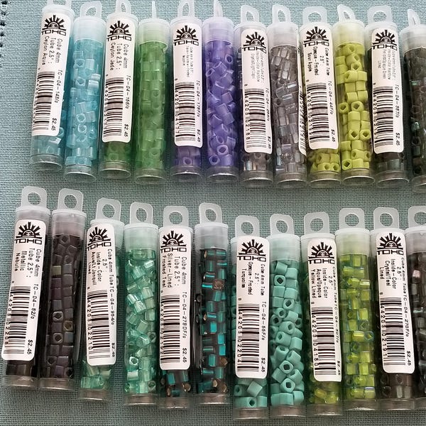 TOHO Glass 4MM Cube Beads, Japanese Seed Beads, Metallic Nebula, Lime Green, Crystal, Turquoise, Aqua, Sapphire