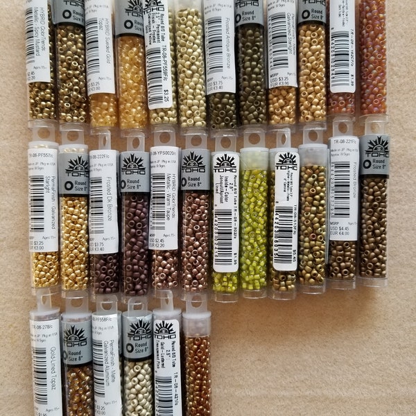 TOHO-8/0 Seed Beads, 3mm Seed Beads,Qty 9 grams,Yellow,Golds,Topaz,Beige,Starlight,Dk Bronze,Warm Taupe,Aluminum,Almond,jewelry supplies