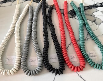 African Recycled Glass Rondelle Donut Beads,15mm Fused Glass Rondelles, Ghana Fair Trade, Krobo Tribe, White,Black,Grey, Red,