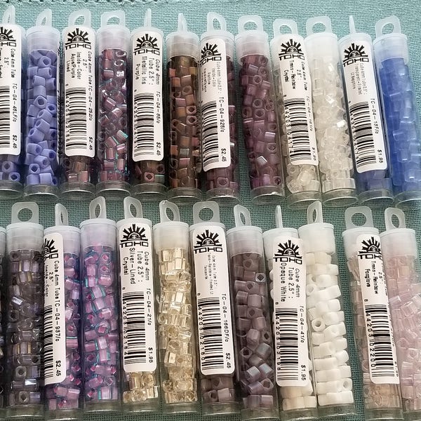 TOHO Glass 4MM Cube Beads, Japanese Seed Beads, Metallic Iris Purple, Foxglove, Tanzanite, Crystal, Opaque White, Bubble Gum Pink