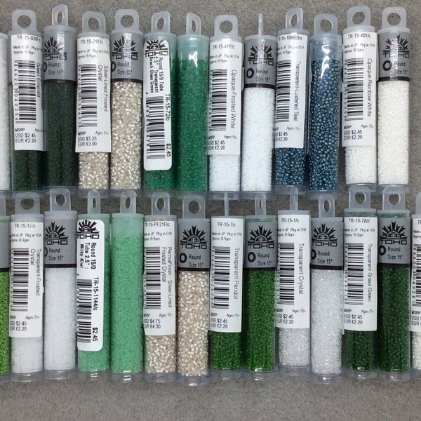 TOHO Size 15/0, Glass Seed Beads (9 grams),Milky Kiwi,Mint Green,White,Crystal,Crystal Snow,Emerald Green,Peridot,Teal,Jewelry Supplies