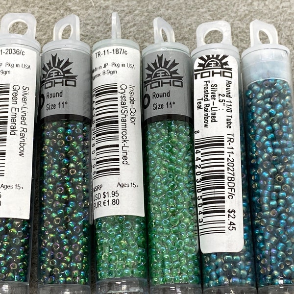 TOHO Seed Beads- 11/0- 2.5" Tube- 9 grams-Japanese Seed Beads- Raimbow Green Emerald, Rainbow Teal, Crystal Shamrock,Jewelry Supplies